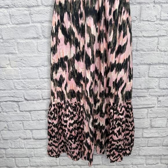 MariaCher Dabir Cotton Ruffle Trim V Neck Smocked Midi Dress Size S Pink Black - Picture 3 of 9